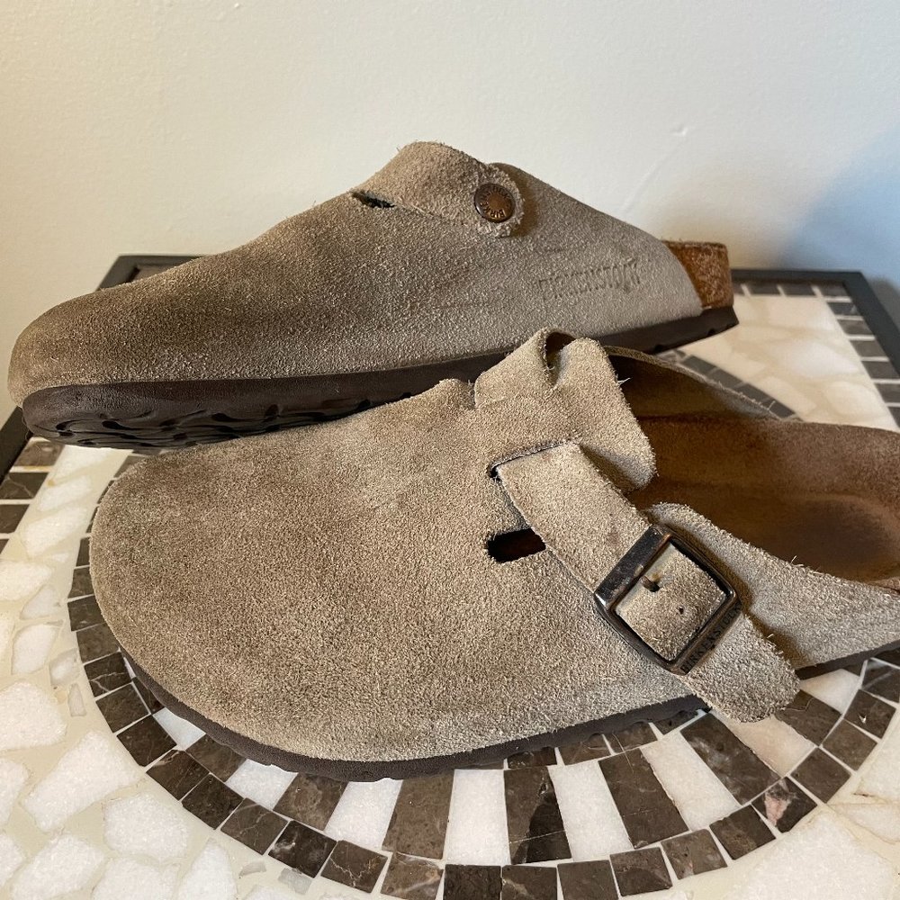 Birkenstock Clogs, Suede Leather, Taupe, Size 38